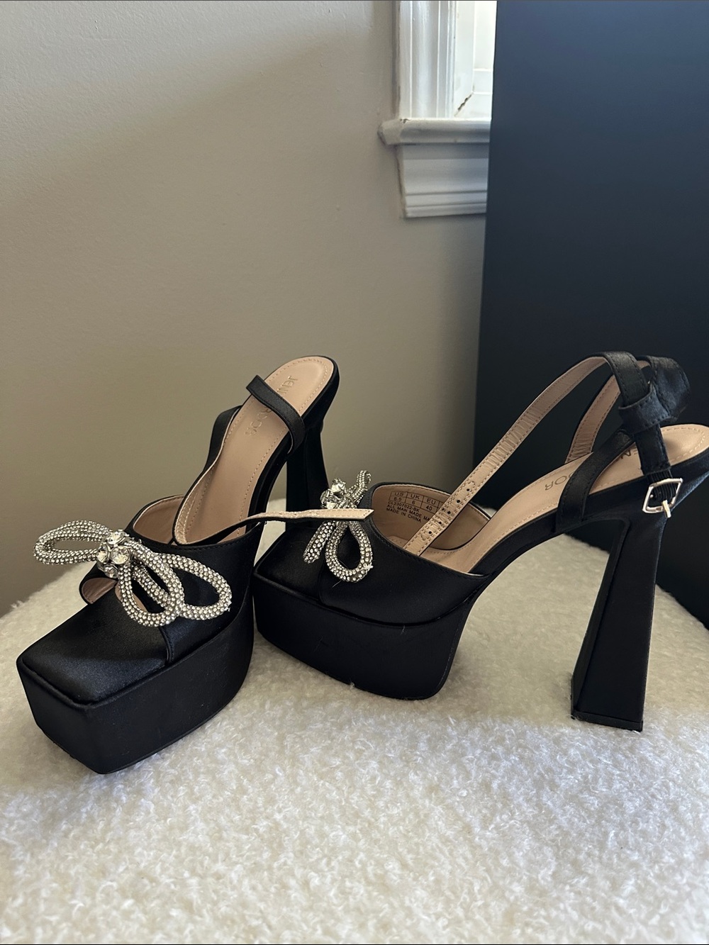 Jenn Ardor Black Satin Platform Heels with Crystal Bow